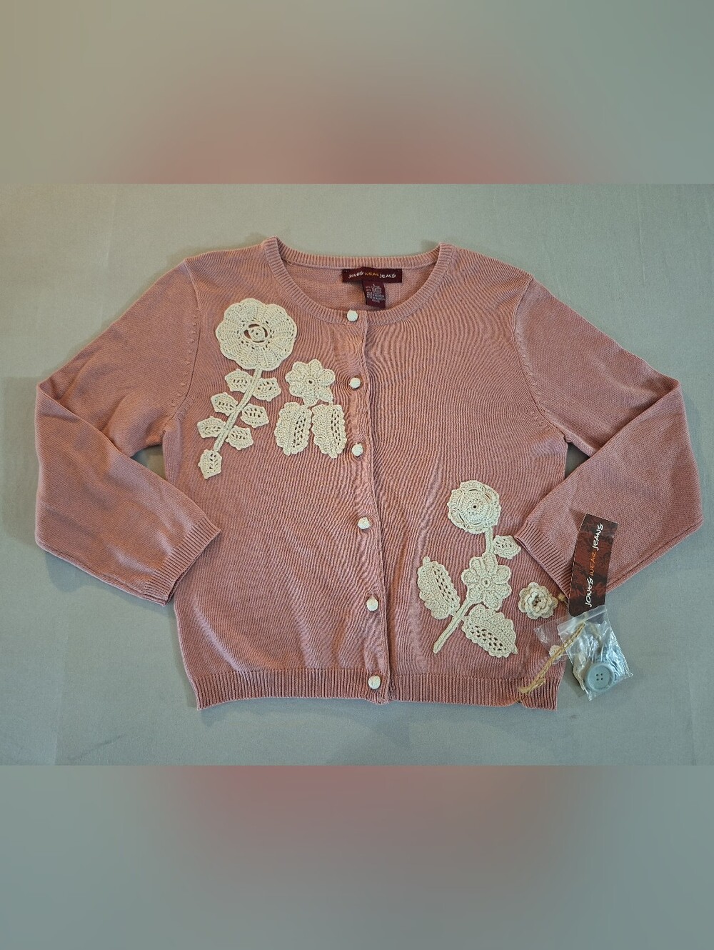Jones Wear Pink Cardigan with Cream Crochet Flowers